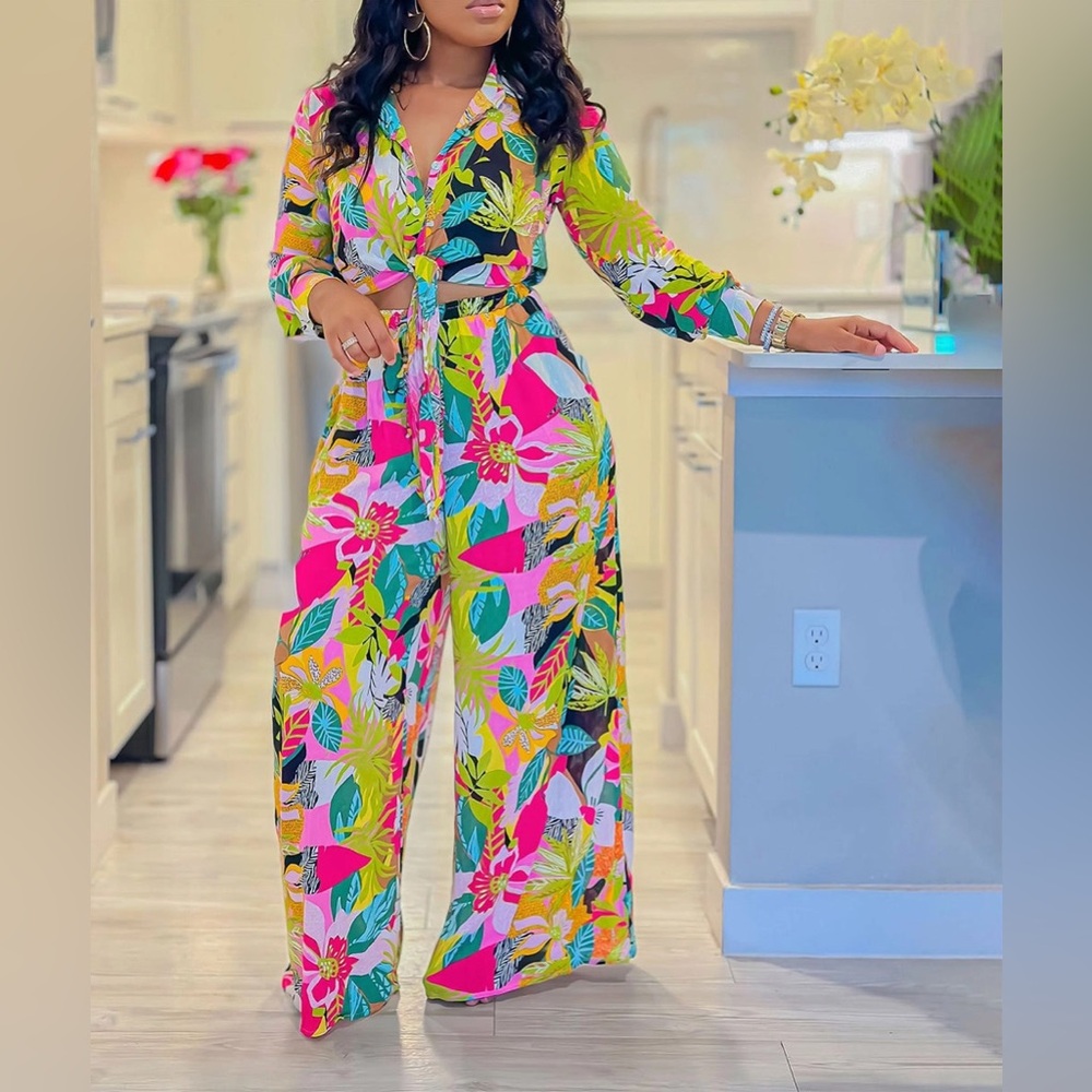 Vibrant Printed Two-Piece Lapel Lace-Up Shirt Wide-Leg Pant Suit